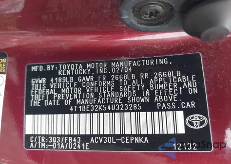 2004 Toyota Camry Le из США, поврежденный, VIN 4T1BE32K54U323285